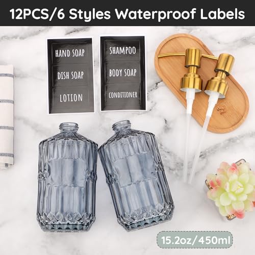 Segbeauty 15.2oz Glass Soap Dispenser Bathroom Bottle, 2pcs Gray Shampoo and Conditioner Dispenser with Labels, 450ml Pump Bottle for Kitchen, Lotion Cream Container with Golden Stainless Steel Pump - color: Gray Gold, size: 15.2oz/450ml