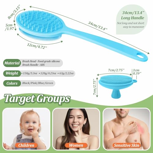 Silicone Face & Back Scrubber Set, Manual Face & Body Scrubber Exfoliator with Soft Bristles and Non-Slip Handle, Back Brush Bath Brush with Detachable Brush Head(2PCS Blue Set) - color: 2*blue Set