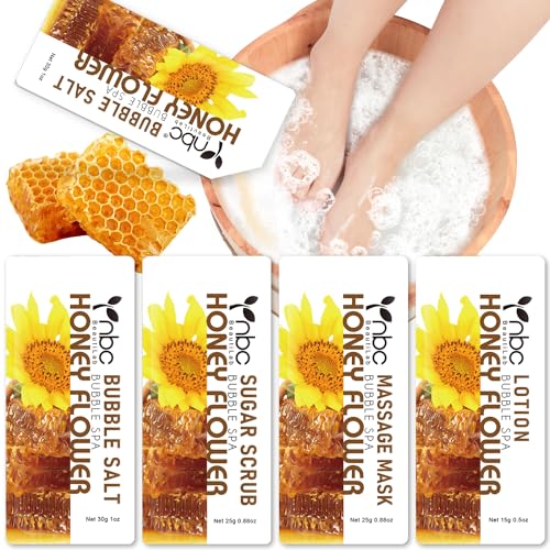 Pedicure Kit Foot Soak Set: Bubble Salt, Sugar Scrub, Massage Mask, Massage Lotion in a Box, 4 Step Foot Spa Kit for Dry Feet, Calluses and Tired Feet(1 Set Honey Flower)