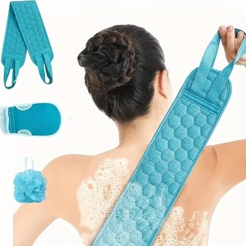 3PCS Bath Exfoliating Set – Loofah Sponge, Bath Glove & Exfoliating Washcloth for Shower & Spa - Blue - color: Blue