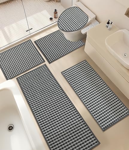 YIHOUSE Grey Bathroom Rugs Set 5 Pieces, Gray Checkered Absorbent Bath Mat Sets Quick Dry, Woven Soft Bath Rugs Non Slip, Thin Washable Rugs for Bathroom - color: Dark Grey, size: 5 Pieces