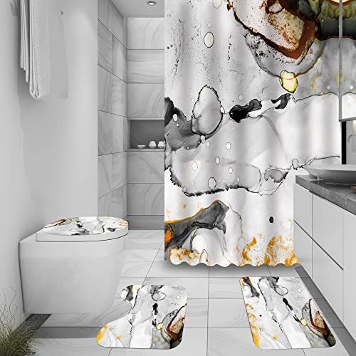 Marble Bathroom Sets with Rugs for Bathroom Decor, 72x72 Inches Gold Shower Curtain with Non-Slip Rugs and Accessories, Waterproof Machine Washable Bath (Curtain Set-Yellow Gray Marble13) - color: Curtain Set-yellow Gray Marble13