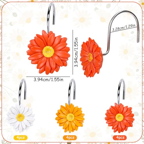 Whaline 12 Pcs Daisy Flower Shower Curtain Hooks Floral Shower Rod Rings Decorative Resin Curtain Hanger Hooks for Spring Summer Living Room Bedroom Bathroom Decor - color: Orange White