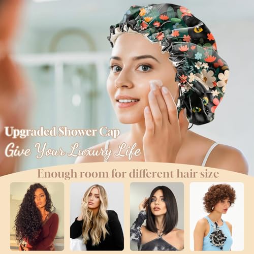 Luxury Shower Cap Adjustable Reusable Double Waterproof Layer Elastic Satin Lined Hair Bath Cap Cute Aesthetic Women Girls (K3-Cat Flower) - color: K3-Cat Flower