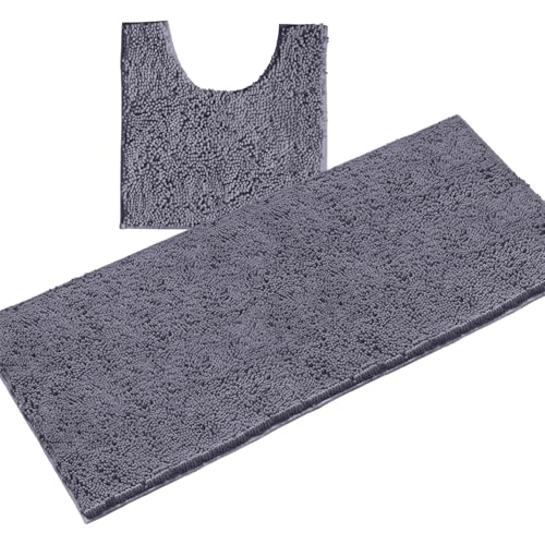 LuxUrux 2-Piece Bathroom Rug Set – Plush Chenille Runner & U-Shaped Toilet Mat, Soft, Absorbent & Non-Slip Design (20x20 U & 27x47 inches, Dark Grey) - color: Dark Grey, size: 2 Piece Set - X Large