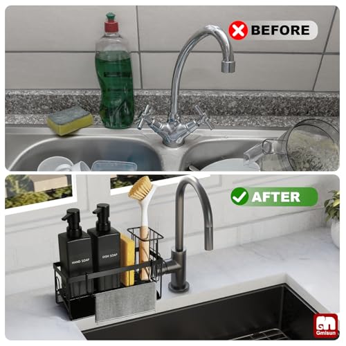 GMISUN Dish Soap Dispenser, 12 fl oz / 350 ml Dual Kitchen Soap Dispensers with Sponge Holder, Customized Matte Black Kitchen Soap Dispenser Set, Modern Hand and Dish Soap Bottle Set Removable - color: Black Bottle + Black Rack