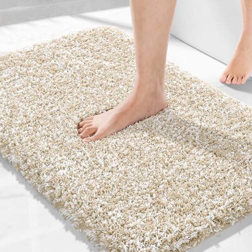 Yimobra Bath Rugs for Bathroom 32X20, Ultra Soft and Water Absorbent Bath Mats, Non Slip Plush Shower Mat Outside, Microfiber Mats for Bathroom Floor/Tub, Machine Washable, Light Beige and White - color: Light Beige and White, size: 32" X 20"