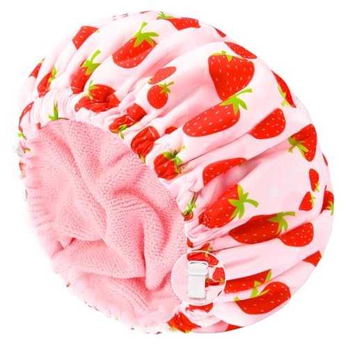 Shower Cap for Women Terry Lined Bath Cap Large Reusable Waterproof Elastic Band Pink Shower Caps for Long Thick Hair Soft Bath Shower Hair Caps - color: PINK STRAWBERRIES
