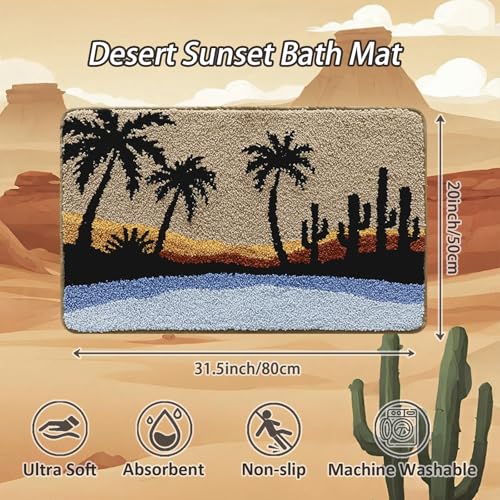 Bathroom Rug Mat, Beach Sunset Fluffy Rug with Palm Tree & Cactus Silhouette, Ultra Absorbent Microfiber Shaggy Door Mat, Quick Dry Bath Rug Carpet for Toilet Bathtub Bedroom 20x31 Inch - color: Blue
