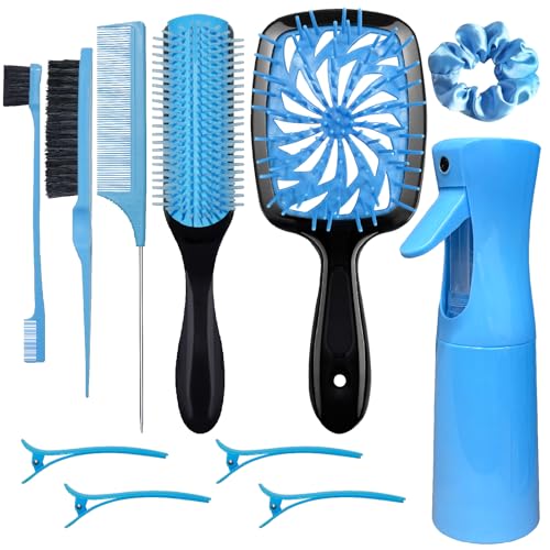 11 Pcs Hair Brush Set, Detangle Hair Brush And Spray Bottle, 3 Pieces Smooth Hairbrush For Toddlers, Suitable For Wet and Dry Hairstyles, Suitable For Adults And Children.(Blue) - color: Blue