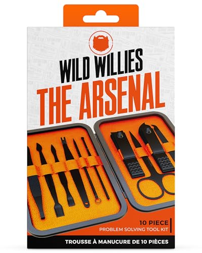 Wild Willies 10-Piece Pedicure & Manicure Kit for Men & Women - Includes Nail Clippers, Scissors, Tweezers, Files - Compact Travel Nail Grooming Kit, Mens Nail Care Set