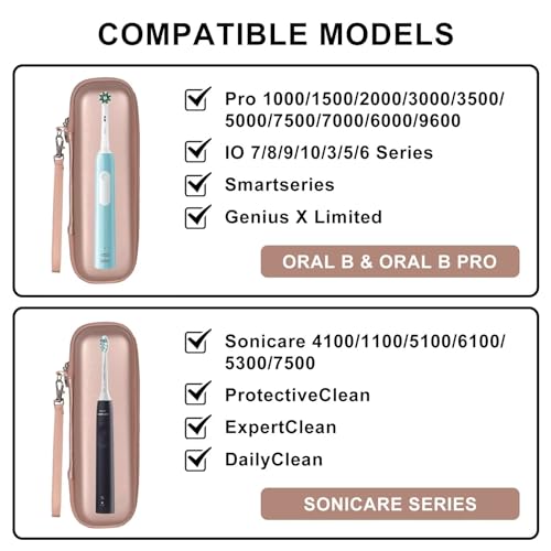 Toothbrush Travel Case for Oral B/Oral-B Pro 1000 1500 5000 7000 7500 6000 9600/ Phlips Sonicare 4100 5100 1100 6100 5300 Electric Toothbrush, Portable Hard Protective Storage Bag (Gold) - color: Rose gold