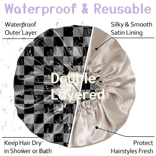 Luxury Shower Cap Silk Satin Lined Waterproof Reusable Adjustable Elastic Dry Hair Bathing Caps Cute for Women Girls-Black Grey Checkered - color: C-17-Black Grey Checkered