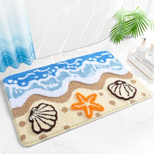 QJHOMO Coastal Bathroom Rugs Beach Ocean Wave Bath Mat Nautical Rug, Cute 3d Starfish Shell Beachy Theme Bathroom Decor Colorful Bath Rug, Soft Microfiber Carpet Non Slip Washable Bathmat (20x32 inch) - color: Blue Landscape, size: 1'8" x 2'8" (Rectangula