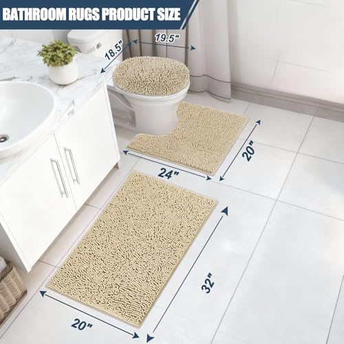 Bathroom Rugs Sets 3 Piece with Adjustable Toilet Seat Cover 19.5"x 18.5" Machine Washable Bath Rug Set with TPR Non Slip Rubber Backing Solid Bath Mat Set for Luxury Bathroom Decoration - color: Beige
