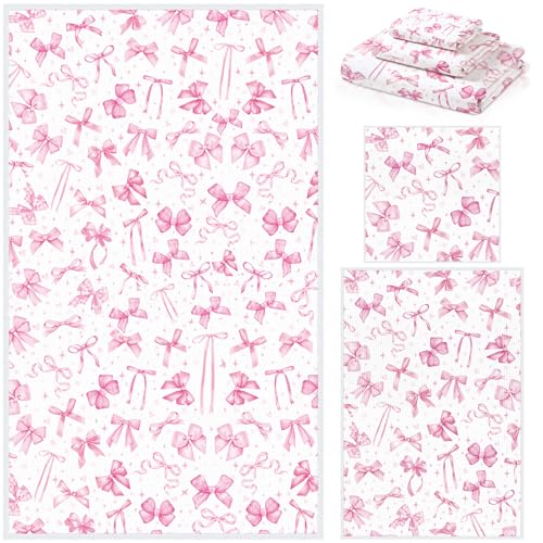 Moukeren Set of 3 Pink Bow Bath Towels Cute Coquette Bow Bath Towel Hand Towel and Washcloth Soft Decorative Towels for Girls Womens Bathroom Kitchen Pool Gym Spa Yoga - style: Pink Bow