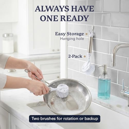 Farberware Dish Brush with Handle, 2 Pack, Firm Bristles | Kitchen scrub brush and dish scrubber removes grease, reaches pot and pan edges, 8in, round head, marble-look design - color: White Marble Round