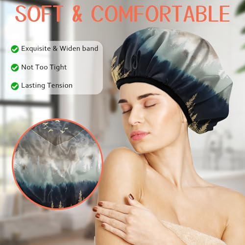 Luxury Shower Cap Terry Lined Reusable Triple Layer Waterproof Hair Elastic Caps Shower Bath Hat for Women Girls Cute Aesthetic-Forest - color: AL14-Forest