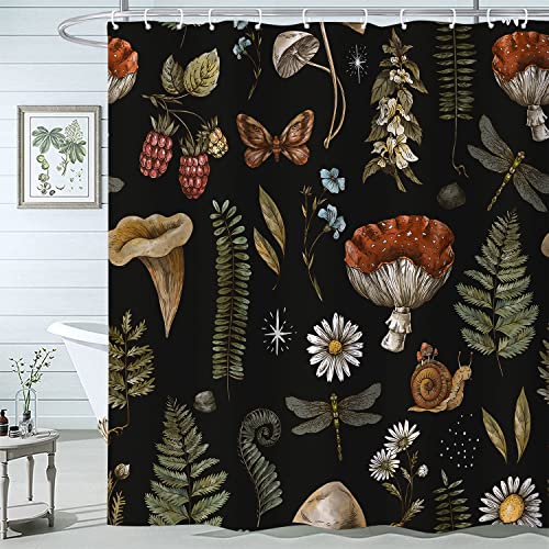 Vintage Mushroom Shower Curtain Sets, Botanical Mushrooms Fern Forest Plants Woodland Nature Witchcraft Bath Curtain, Waterproof Polyester Fabric Bathroom Curtain with Hooks 72 x 72 inch - color: Green Red Black, size: 72"W x 72"L (Pack of 1)