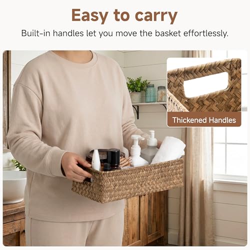 StorageWorks Wicker Toilet Paper Basket for Back of Toilet Baskets, Seagrass Bathroom Basket Organizer and Storage for Tank Topper, Small Tank Trays for Decor with Built-in Handles, Brown - color: Brown (Seagrass), size: 14¼" L x 6¾" W x 3¾" H
