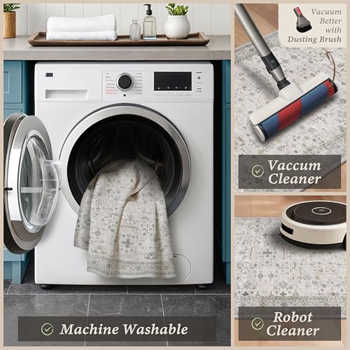 JTJ 3 Piece Kitchen Rug Set with Runner, Vintage Distressed Washable Kitchen Mats, Non Slip Low Pile Floor Rugs for Sink Area, Farmhouse Entryway, Laundry Room & Hallway, Light Grey Beige - color: Light Gray / Sage