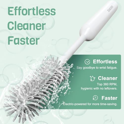 SEANCHEER S02 Electric Bottle Brush Set, Portable Baby Bottle Brush Cleaner, AA Battery-Powered & IPX7 Waterproof, with Silicone Bottle/Nipple/Sponge/Straw Brush, for New Parents (Extra-Long) - color: Extra Long Gray