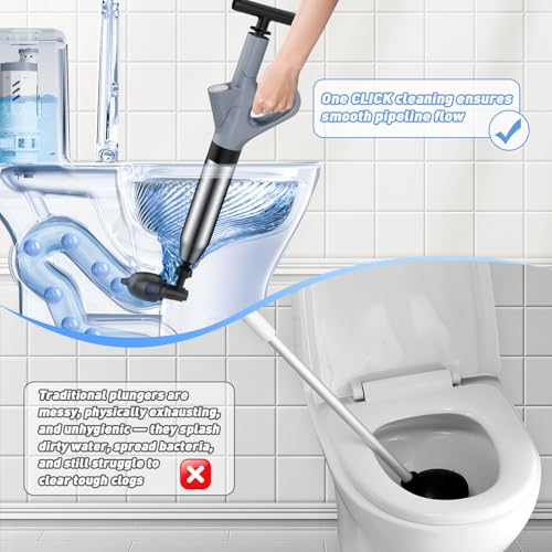 Toilet Plunger, High Pressure Toilet Plunger,Toilet Auger Air Drain Blaster with Real-Time, Heavy Duty Plunger for Bathroom and Plumbing Clogs (Grey) - color: Grey