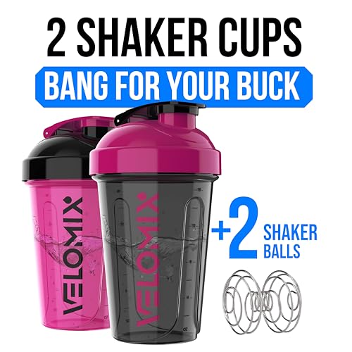 VELOMIX -2 Pack- 20 oz Protein Shaker Bottles for Protein Mixes - 2x Wire Whisk | Leak Proof Shaker Cups for Protein Shakes and Pre Workout | Protein Shaker Bottle Pack (A6) Black/Pink - color: A6) Black/Pink