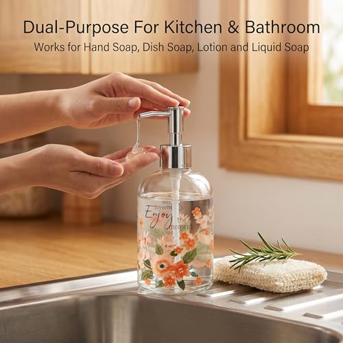 Topadorn 17oz Glass Soap Dispenser with Pump, Refillable Hand Soap Dispenser for Bathroom & Kitchen, Floral Design, Decorative Farmhouse Countertop Decor - color: Soft Pink