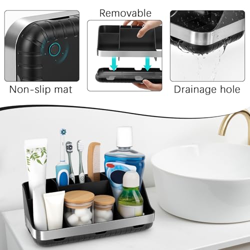 GFWARE Black Toothbrush Holder - 7 Slots Bathroom Organizer Countertop with Drainage Matte Black Electric Toothbrush and Toothpaste Holder for Bathroom Accessories Sink Storage - color: Black