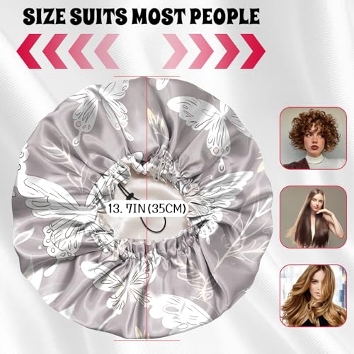 Luxury Shower Cap Satin Lined Reusable Waterproof Double Layer Elastic Adjustable Hair Bath Cap Cute Aesthetic Women Girls-White Butterfly - color: F15-White Butterfly