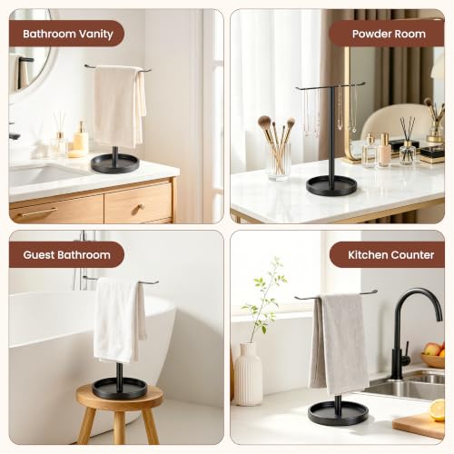 Stainless Steel Hand Towel Holder with Storage Tray for Bathroom Countertop | Weighted Base With Anti-Slip Pads Keeps Towels Stable While The Tray Neatly Stores Jewelry, Watches & Essentials - color: Black-1p（with Tray）