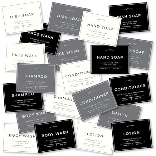 Verute Waterproof Labels for Amber Glass Soap Dispenser and Plastic Bottles 3.15"x2.35" Peel & Stick - Kitchen, Bathroom & Shower Set - 21 Pieces (White, Gray, Black) - color: White+gray+black
