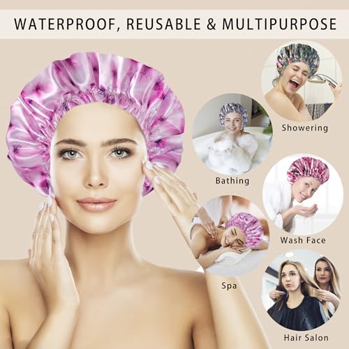 4 PCS Shower Caps for Women, 3D Printing Bath Caps, Double Layers Shower Cap Reusable Waterproof, Bathing Shower Caps, Environmental Protection Hair Bath Hat - Flower B - color: 3D Flower B 4 PCS/Set