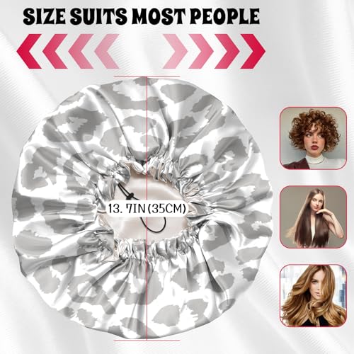 Luxury Shower Cap Satin Lined Reusable Waterproof Double Layer Elastic Adjustable Hair Bath Cap Cute Aesthetic Women Girls-White Leopard - color: F13-White Leopard