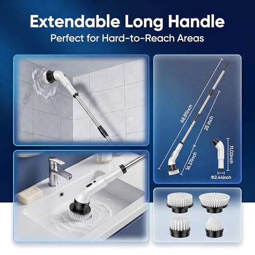 Electric Spin Scrubber, Cordless Power Scrubber for Bathroom/Shower/Tub/Tile & Grout, 9 Brush Heads, Dual-Speed, Adjustable Extension Handle, IPX7 Waterproof, USB-C Rechargeable Cleaning Tool (White)