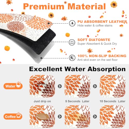 Findosom 2PCS 12" x 20" Fall Dish Drying Mat & 24" x 5.5" Sink Splash Guard, Super Absorbent & Cuttable Dish Mat Drying Kitchen Mat with Orange Floral, Hide Stain Drying Mat for Kitchen Counter - color: Orange, size: 12" X 20" + 24" X 5.5"