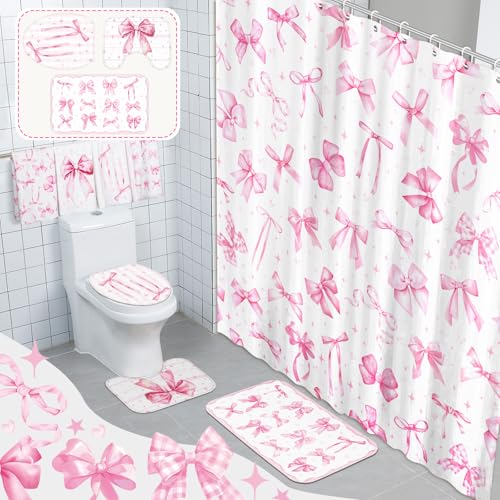 FuWeave 8 Pcs Pink Bow Shower Curtain Sets for Bathroom Decor Cute Coquette Bathroom Accessories Bow Knot Aesthetic Girly Shower Curtain Sets with Towels Carpet Bath Mat Toilet Rugs and 12 Hooks - color: Pink Bow