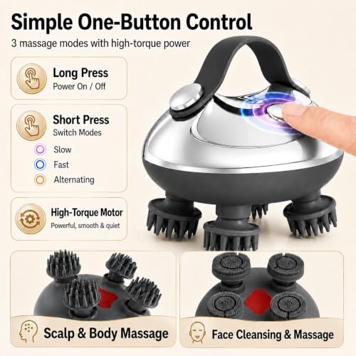 Electric Scalp Massager for Stress Relief, Anti-Tangle 360° Deep Kneading, IPX7 Waterproof for Wet & Dry Use, USB-C Rechargeable, 3 Modes, 15-Min Auto-Off, 2 Claw Sets for Massage & Cleansing