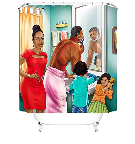 The Family Theme 4Pcs Kids Shower Curtain Set with Non-Slip Rugs and Toilet Lid Cover African Couple Black Girl Fabric Shower Curtain Bathroom Decor with Hooks Waterproof Washable 72"x72" - color: Pink Green