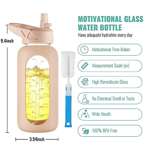 CIVAGO 32 oz Glass Water Bottle with Straw and Handle, Large Sports Motivational Water Bottle Flask with Time Marker and 2 Lids, Leakproof Water Jug Canteen with Silicone Sleeve for Gym,Beige - color: Beige, size: 32 Ounces