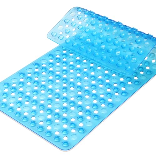 Yimobra Bathtub Mat Non Slip, 34.5"X15.5" Long Shower Mat for Inside Shower, Machine Washable Bath Mat with Drain Holes & Strong Suction Cups, Soft on Feet, Bathroom Essentials, Clear Blue - color: Clear Blue, size: 34.5 X 15.5 Inch