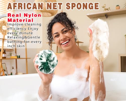 2 Pack African Net Sponge Exfoliating Body Scrubber Bath Sponge for Daily Use (Champange+Dark Green) - color: Champange+dark Green
