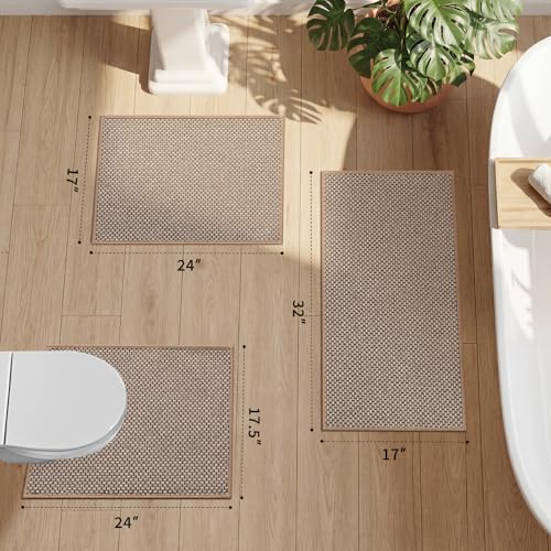YIHOUSE Thin Bath Mat Khaki Bathroom Rugs Sets 3 Pieces, Non Slip Absorbent Bath Mats Quick Dry, Woven Braided Rugs Washable, Rubber Tapetes para Baño for Bathroom Toliet,Bathtub - color: Khaki, size: 3Pieces(17.5"x24"U+17"x24"+17"x32")