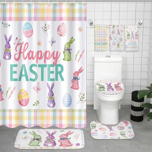 Haull 7 Pcs Easter Shower Curtain Set for Bathroom Bunny Eggs Non Slip Rug Toilet Lid Cover Bath Mat Towels Decor with 12 Hooks Happy Easter Waterproof Shower Curtain for Bathroom Spring Decor Set - style: Easter
