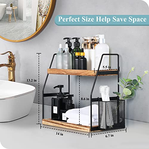 Bathroom Counter Organizer, 2-Tier Standing Storage Shelf with Basket, Wood Tray for Skincare Vanity Organizer - style: 2 Tier Brown