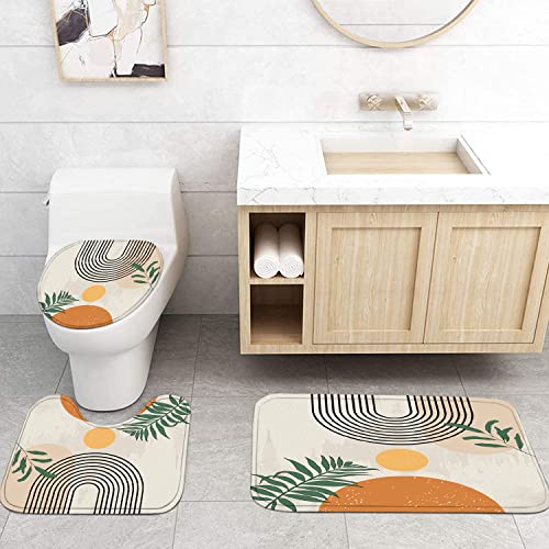 LQCOOL Mid Century Shower Curtain Set Boho Shower Curtain Set with Rugs,Abstract Bathroom Decor Accessories Waterproof Shower Curtain for Bathroom with Mat Retro Orange - color: Beige