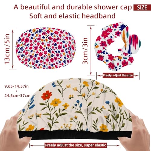 2 Packs Floral Pattern Shower Caps, Waterproof Reusable Bath Caps for Women, Large Shower Hat with Hair Ties Set for Long Thick Hair