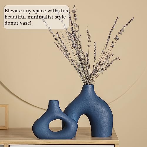 CEMABT Blue Ceramic Vase Set of 2 for Modern Minimalist Bohemian Decor，Round Matte Donut Vases for Pampas Grass-Perfect for Living Room, Dining Table, Office Bedroom Shelf Decor Entryway, Console - color: Blue