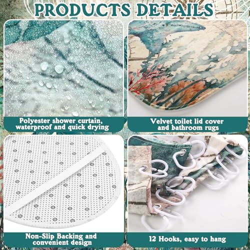 Tatuo 8 Pcs Sea Turtle Shower Curtain Set Summer Ocean Theme Bathroom Accessories Sets Decor Sea Animal Nautical Coastal Waterproof Shower Curtain with Towels Carpet Bath Mat Toilet Rugs and 12 Hooks - style: Sea Animal